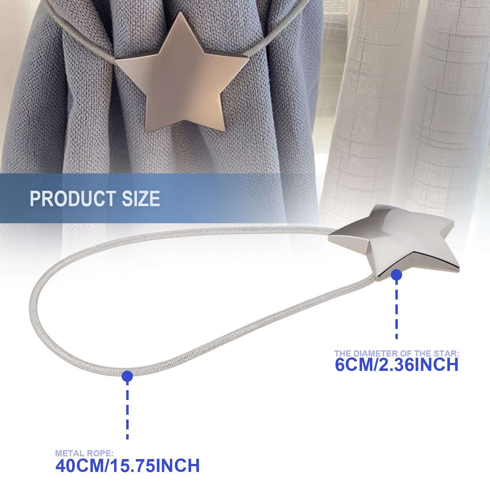 OTOTEC Para magnetycznych spinek do zasłon w kształcie gwiazdy do wiązania z tyłu klipsy do zasłon sznurkowe srebrne opaski do zasłon klamry do dekoracji domu biura