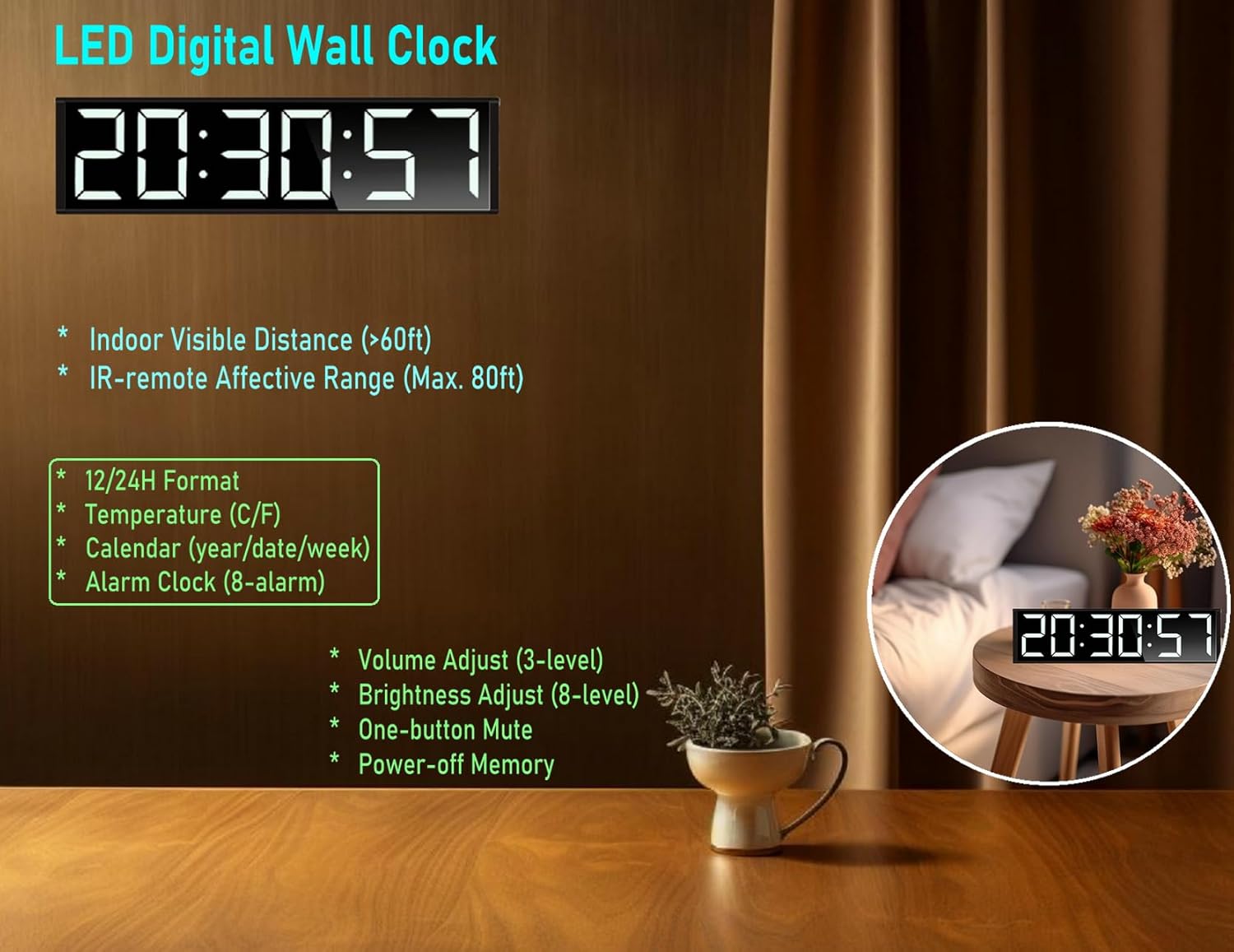 26'' Extra Large Home Gym Timer Clock, Programable Workout Interval Timer, Digital Wall Clock, with 7-Color Night Light, 8 Alarm Clocks, Calendar/Temperature, Countdown & Stopwatch (White)
