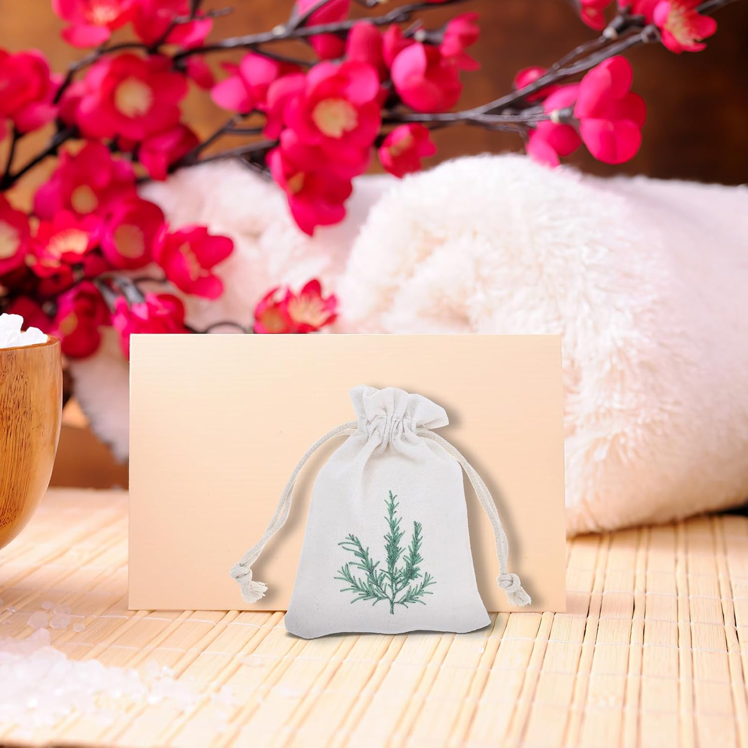 10pcs Cotton Drawstring Bags with Lavender Leaf Print, Reusable Jewelry Pouches for Wedding Party Favor, Candy Storage, and Closets, Simple Elegant Design with Continuous Aroma