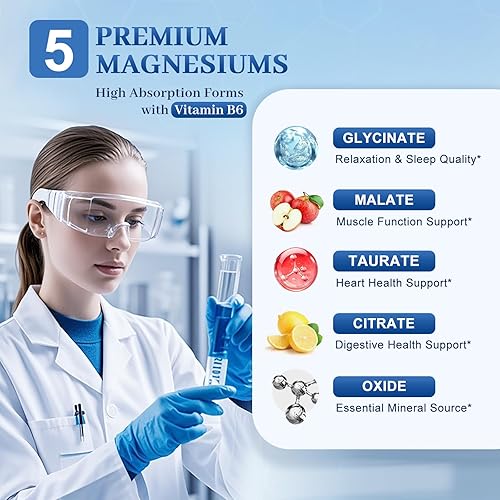 Miniatura 3 de Suplemento complejo de magnesio 5 en 1 con vitamina B6, suplemento de magnesio de mayor absorción, para sueño, nervios y salud cardíaca, huesos,