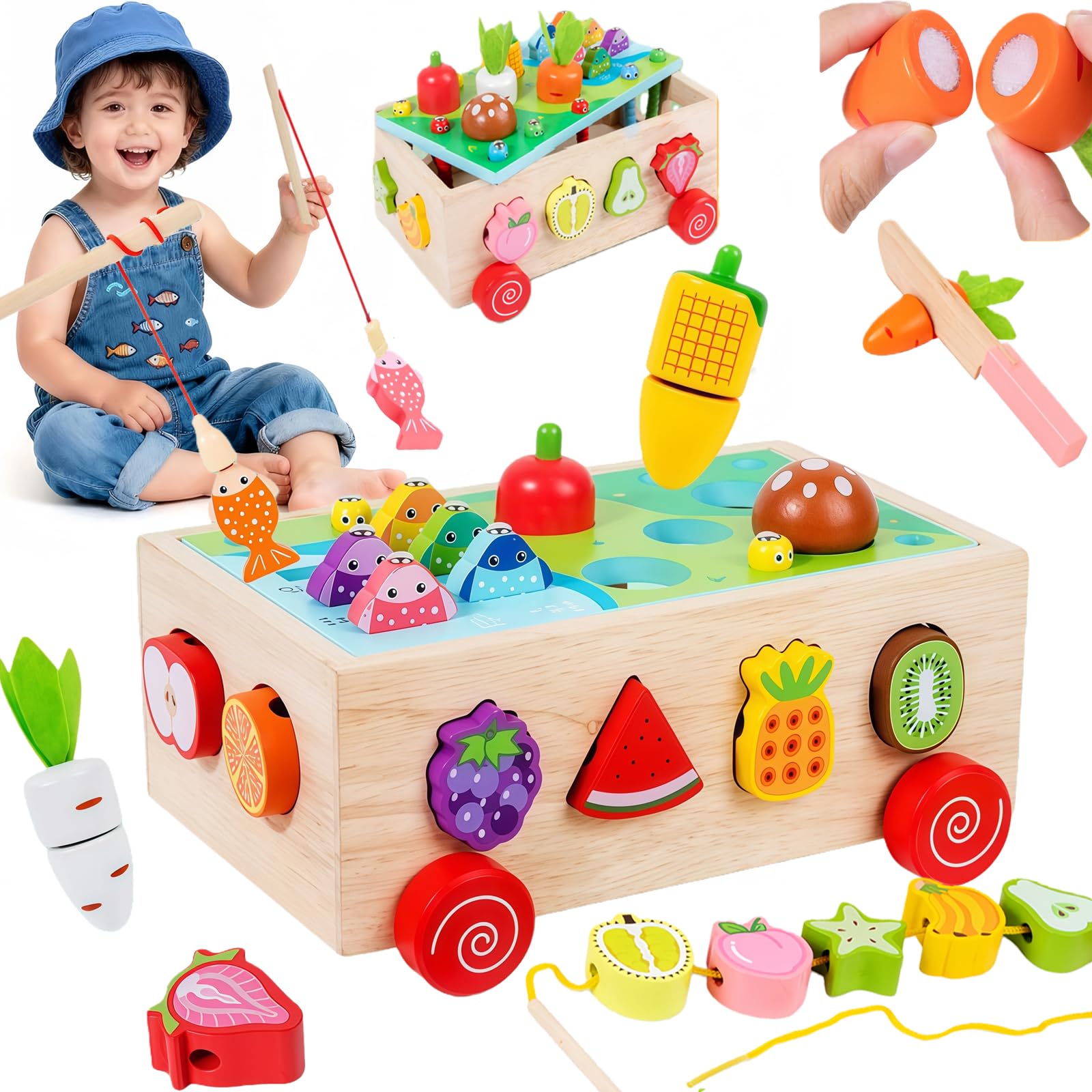 Muslecid 7-in-1 Montessori Spielzeug Holzspielzeug ab 2 Jahre – Multifunktionales Lernspielzeug mit Angelspiel, Schneideobst & Formen-Farben-Erkennung – Holzauto mit Stauraum für Jungen und Mädchen