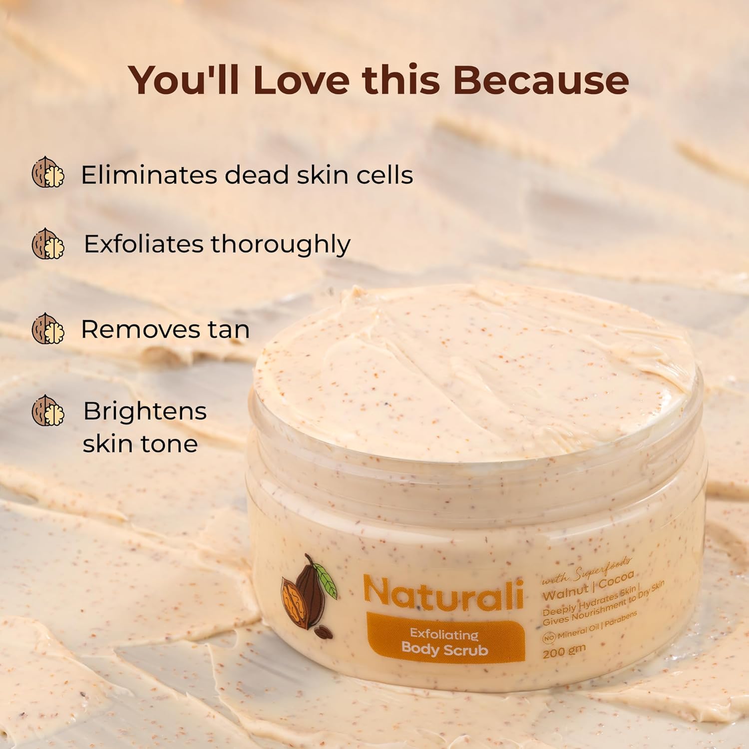 Naturali Exfoliating Body Scrub With Walnut & Cocoa | Deeply Hydrates Skin | Nourishes Dry Skin | Paraben & Mineral Oil Free | 200g