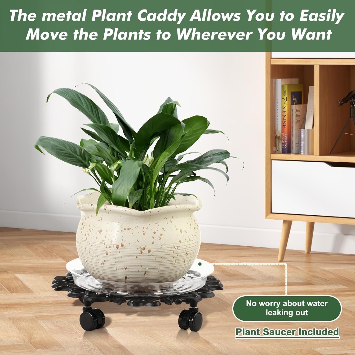 2 Packs 11.6 Inches Large Metal Plant Caddy with PU Wheels Planter Dolly Pot Mover Rollers for Patio Wrought Iron Rolling Flower Stands Indoor Outdoor Plant Holder Coaster Trolley, Black