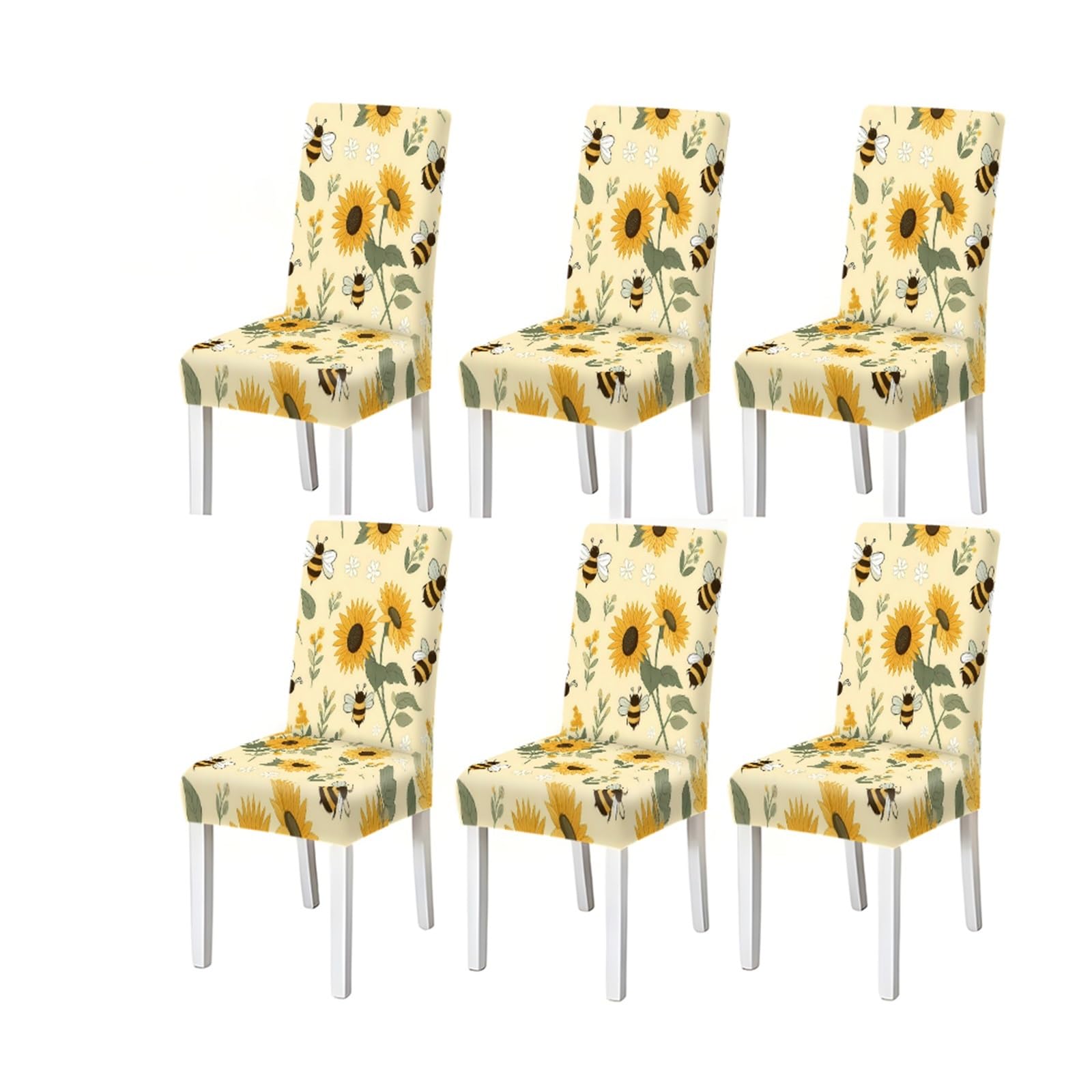 FZJKGH Sunflower Bee Pattern Print Dining Chair Covers Set Of 2/4/6, Farmhouse Stretch Slipcovers For Kitchen Dining Room Removable Stretch Slipcovers for Dining Chairs(6PCSChair cover)