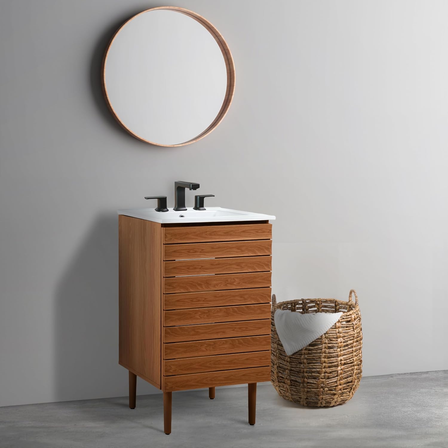 Mobiletto Da Bagno Jonathan Y Aubert, Noce Opaco 58 Cm – Armadietto Con Doppia Anta E Chiusura Ammortizzata - 3