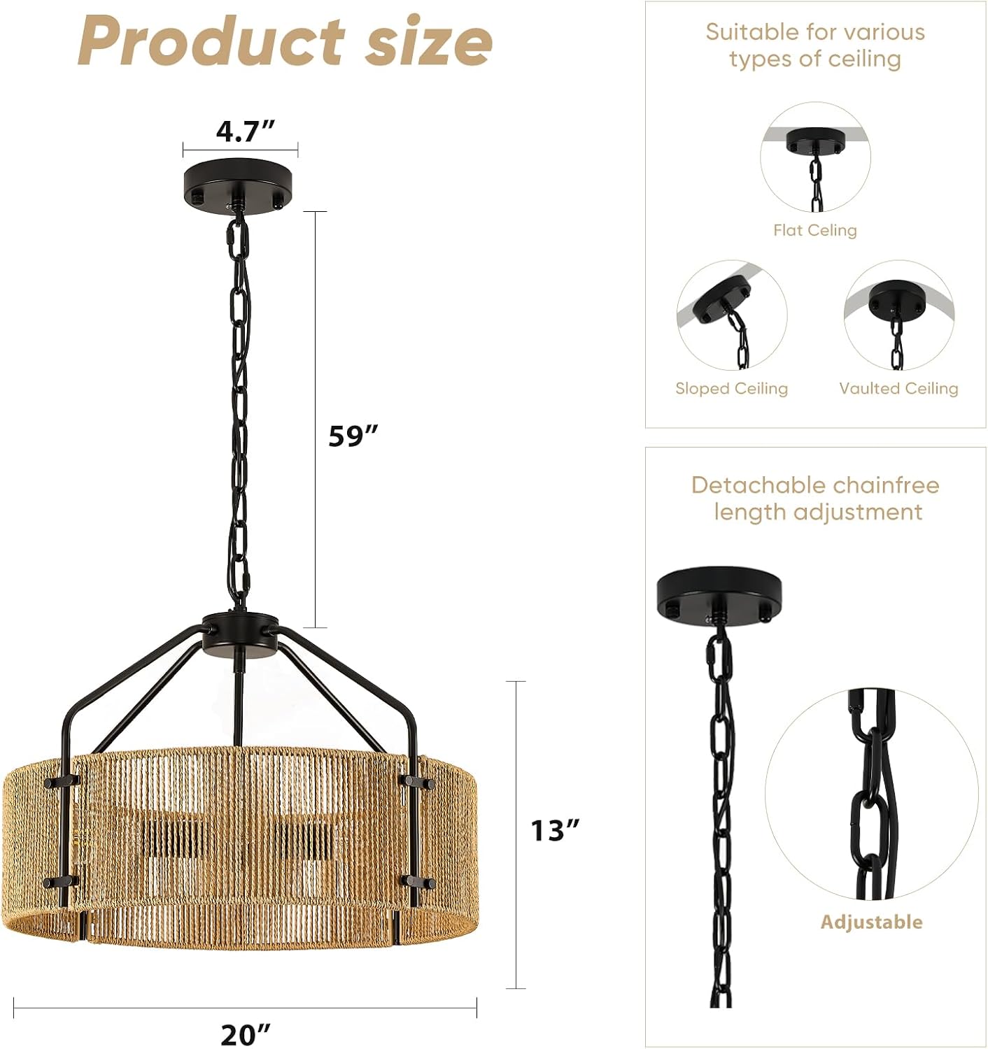 Farmhouse Chandelier, 20-inch Boho Hanging Light Fixture Natural Woven Rattan Pendant Light, Rustic 4-Light Adjustable Black Chandeliers for Dining Room, Bedroom, Living Room, Kitchen Island, Foyer