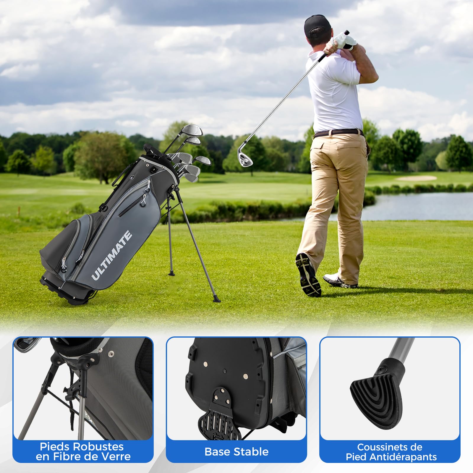 GYMAX Set Complet de Golf 10 Pièces Sac et Clubs, Driver 1#, Bois de Parcours 3#, Hybride 4#, Fers 6# 7# 8# 9#, Pitching Wedge, Putter, Sac de Golf Portable Trépied, pour Hommes Droitiers