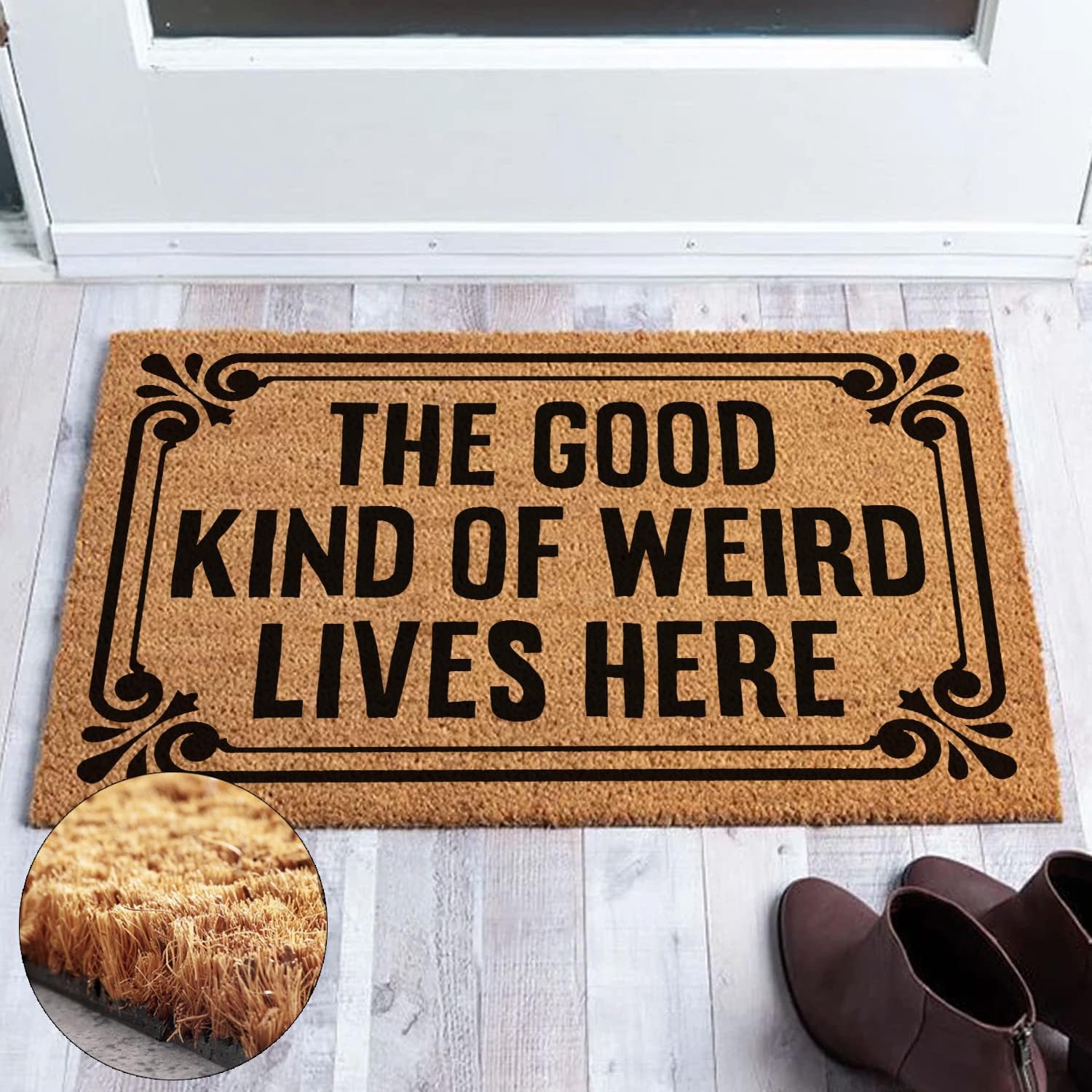Funny Coir Doormat - 'The Good Kind of Weird' Lives Here - Heavy-Duty PVC, Non-Slip Outdoor Coconut Coir - 23.6 x 15.7 inch