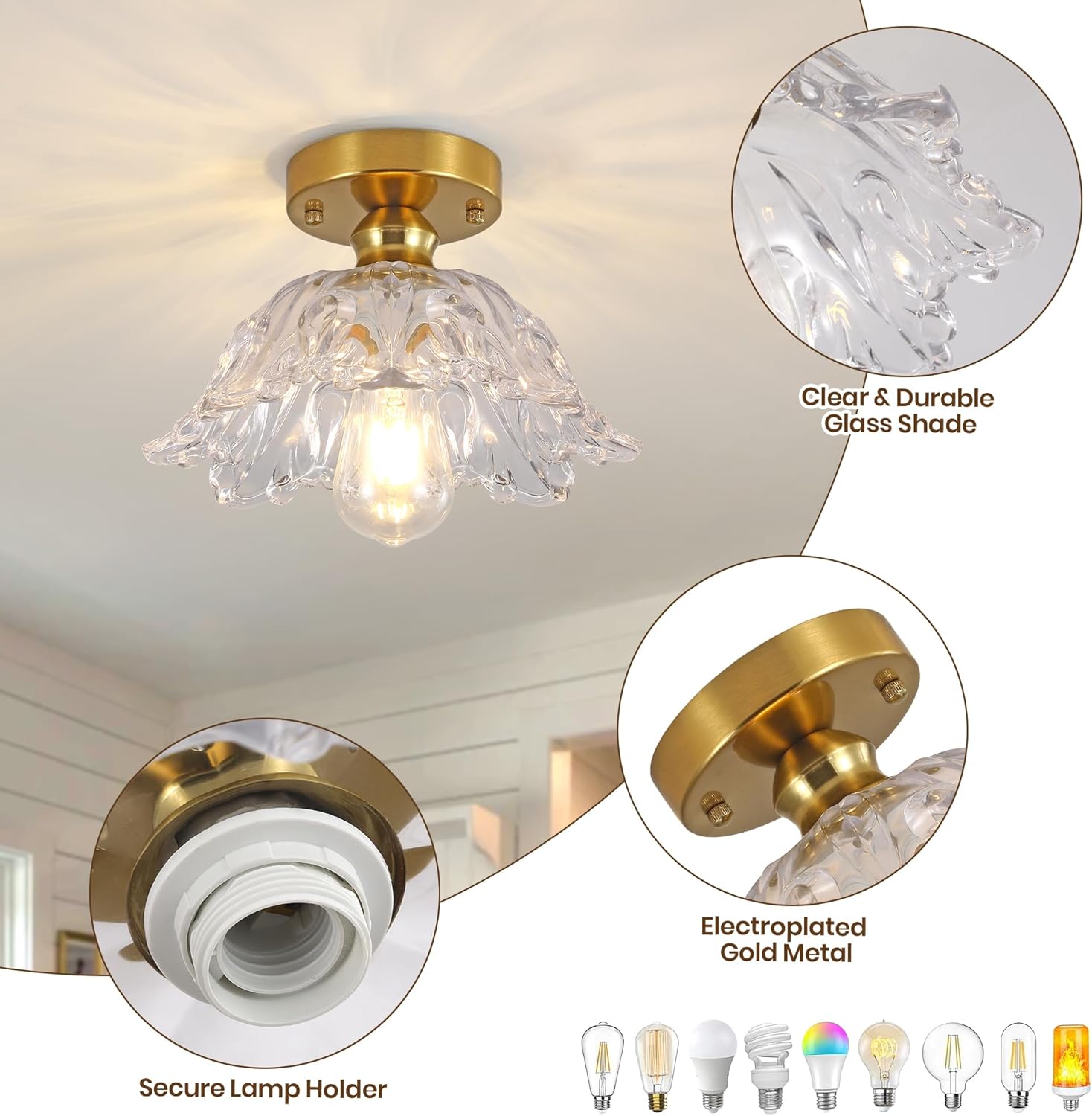 Vintage Flush Mount Ceiling Light with Clear Embossed Glass Shade, Brass Finish Ceiling Light Fixture, Semi Flush Mount Ceiling Light for Hallway Bedroom Entryway.Bulbs Not Included
