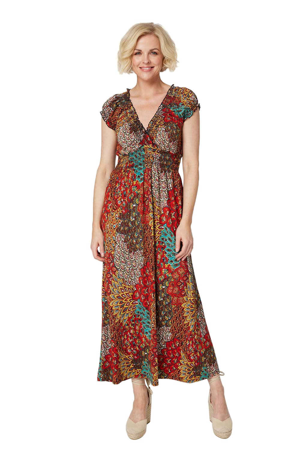 Izabel London Women's Orange Printed V-Neck Maxi Dress For Uk Size 12