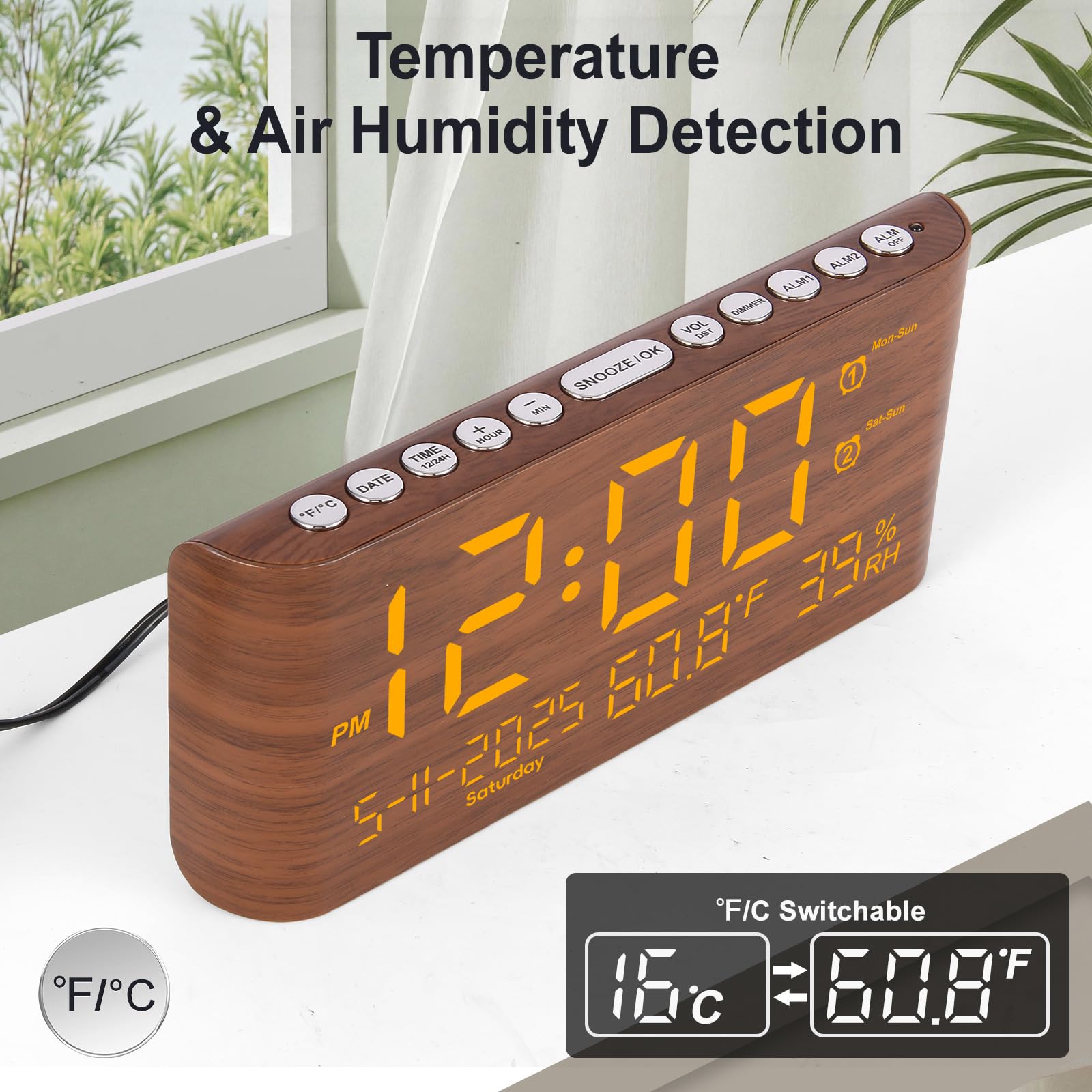 PPLEE Sveglia digitale da 22,1 cm per camera da letto, con giorno della settimana, mese, anno, umidità e temperatura, luminosità snooze, 2 sveglie e 2 caricabatterie USB, orologio da scrivania per chi