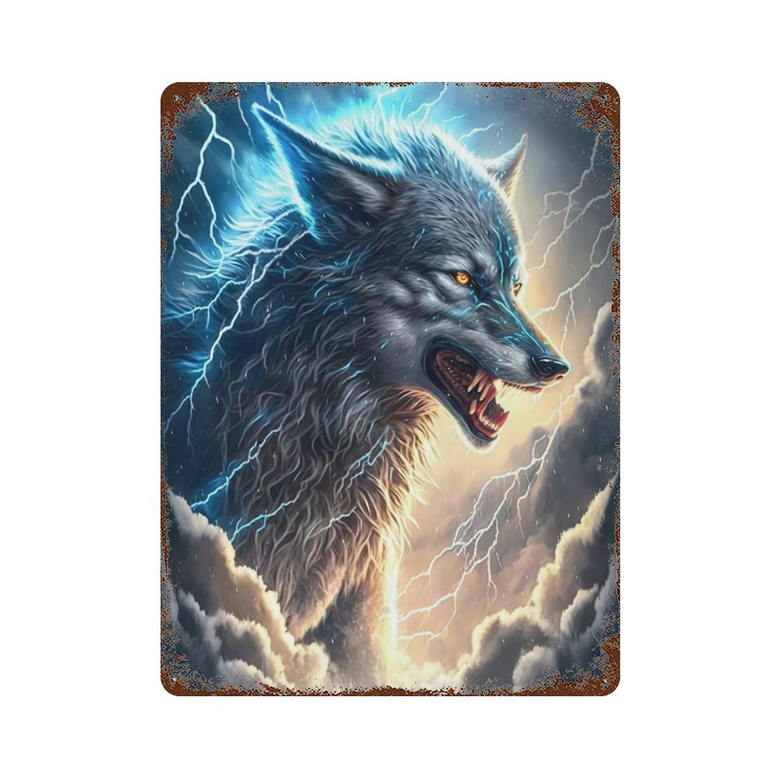Thundering Wolf Art Print -4 Rusty Metal Tin Sign 15.7"x11.8", for Farmhouse, Kitchen And Entryway Decor, Rustic Home Decor