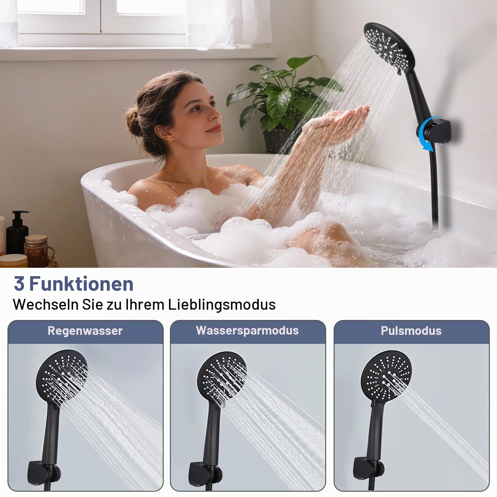 BONADE Badewannenarmatur mit Handbrause, Badewannenarmatur Schwarz Wannenarmatur, Aufputz Wasserhahn Badewanne Armatur, Duscharmatur mit Duschkopf 3 Funktionen, Wannenbatterie Dusche Set für Bad