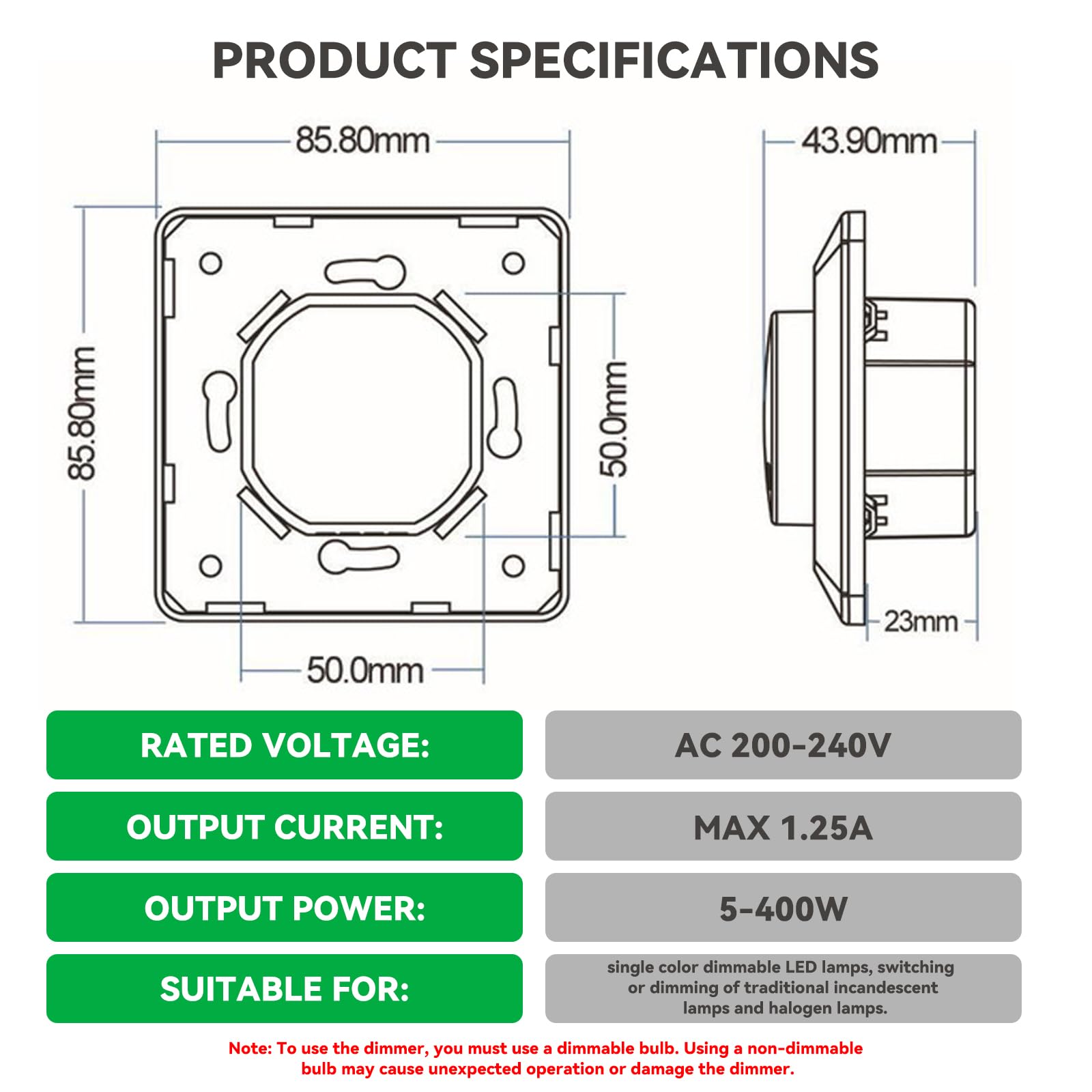 BuyWeek Dimmer LED 230v Regulador de Luz 5-400W Controlable Dimmer Regulador de Intensidad para LED Monocromáticos Regulables Bombillas Incandescentes y Bombillas Halógenas 85.8*85.8*43.9mm BQ-TTDIM