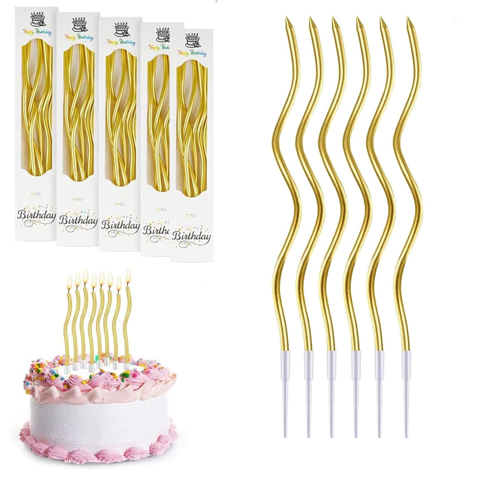 Noneoyno No 30 Pieces Gold Birthday Cake Candles,Spiral Cake Candles With Holders, Long Twisty Gold Party Candles For Birthday Wedding Baby Party Decorations