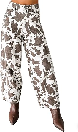 CHARTOU Women Cow Print Wide Leg Denim Pants Back Elastic High Waist Barrel Cropped Jeans
