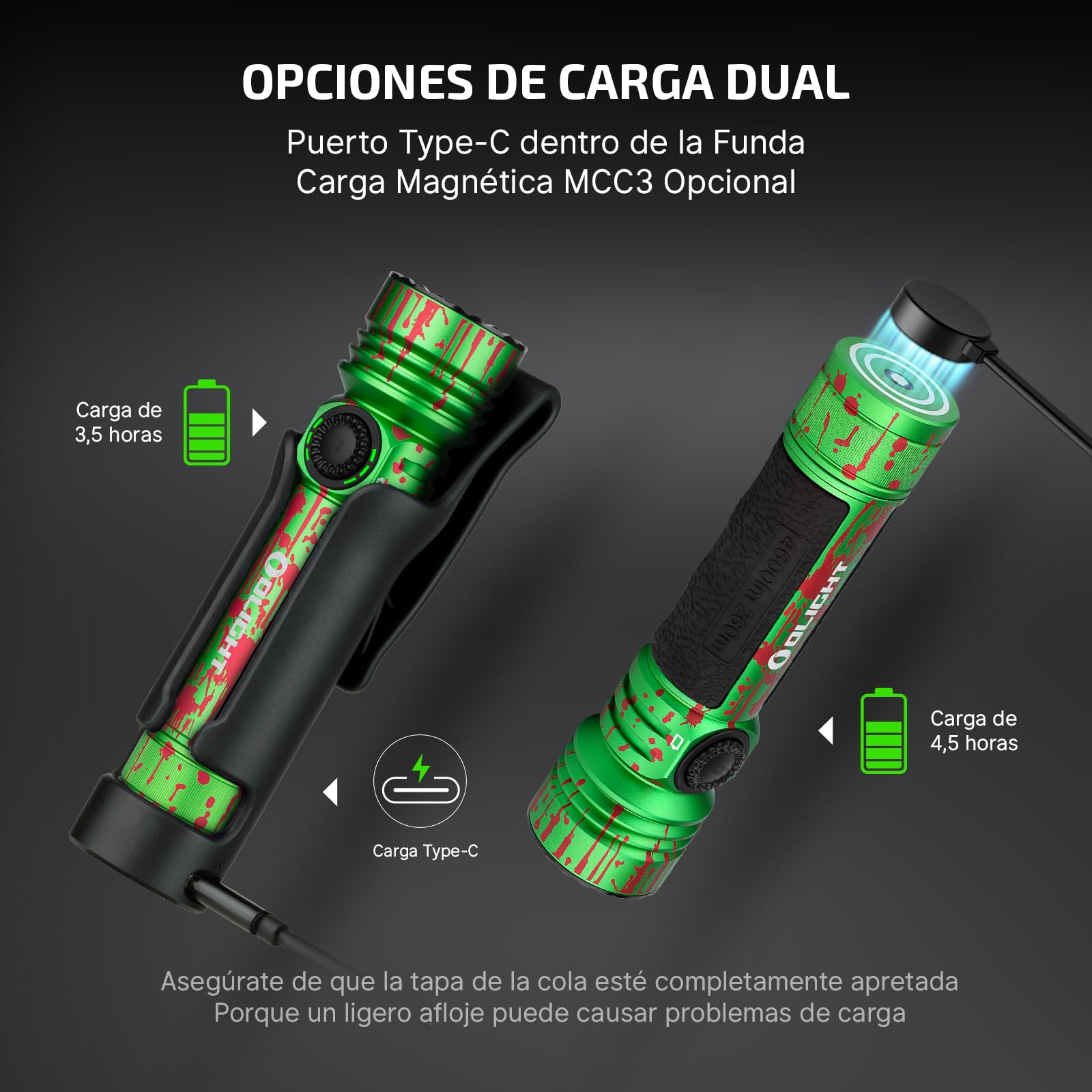 OLIGHT Seeker 4 Pro LED 4600LM 260M Recargable Funda de USB-C o Carga Magnética con Sensor Alta Potencia IPX8 Potente Linterna Largo Alcance de Comping y Senderismo (Blanco Frío, Zombie Verde)