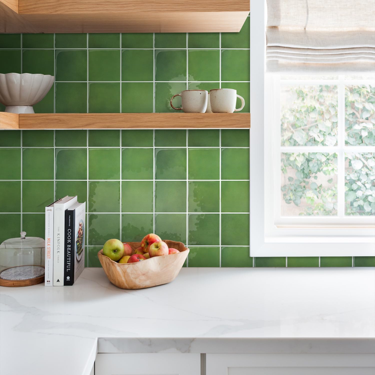 Thicker Green Peel and Stick Backsplash Tiles, 10 Pcs of 12''x12'',3D Square Peel and Stick Tiles for Wall, Removable Vinyl Backsplash Kitchen Bathroom Waterproof