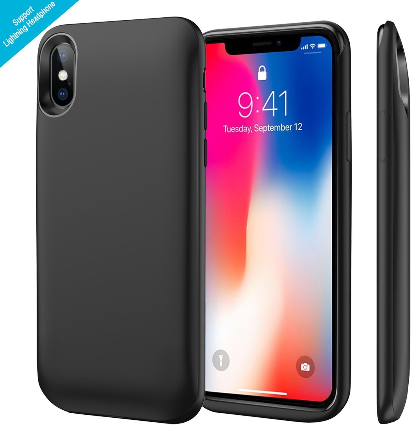 iPhone X Battery Case, 6000mAh Rechargeable Charging Case Supports Wired Headset/Bluetooth Earphone/Lightning Cable, Portable Charger Case for iPhone 10 (5.8 inch), SYNC Through Technology (Black)
