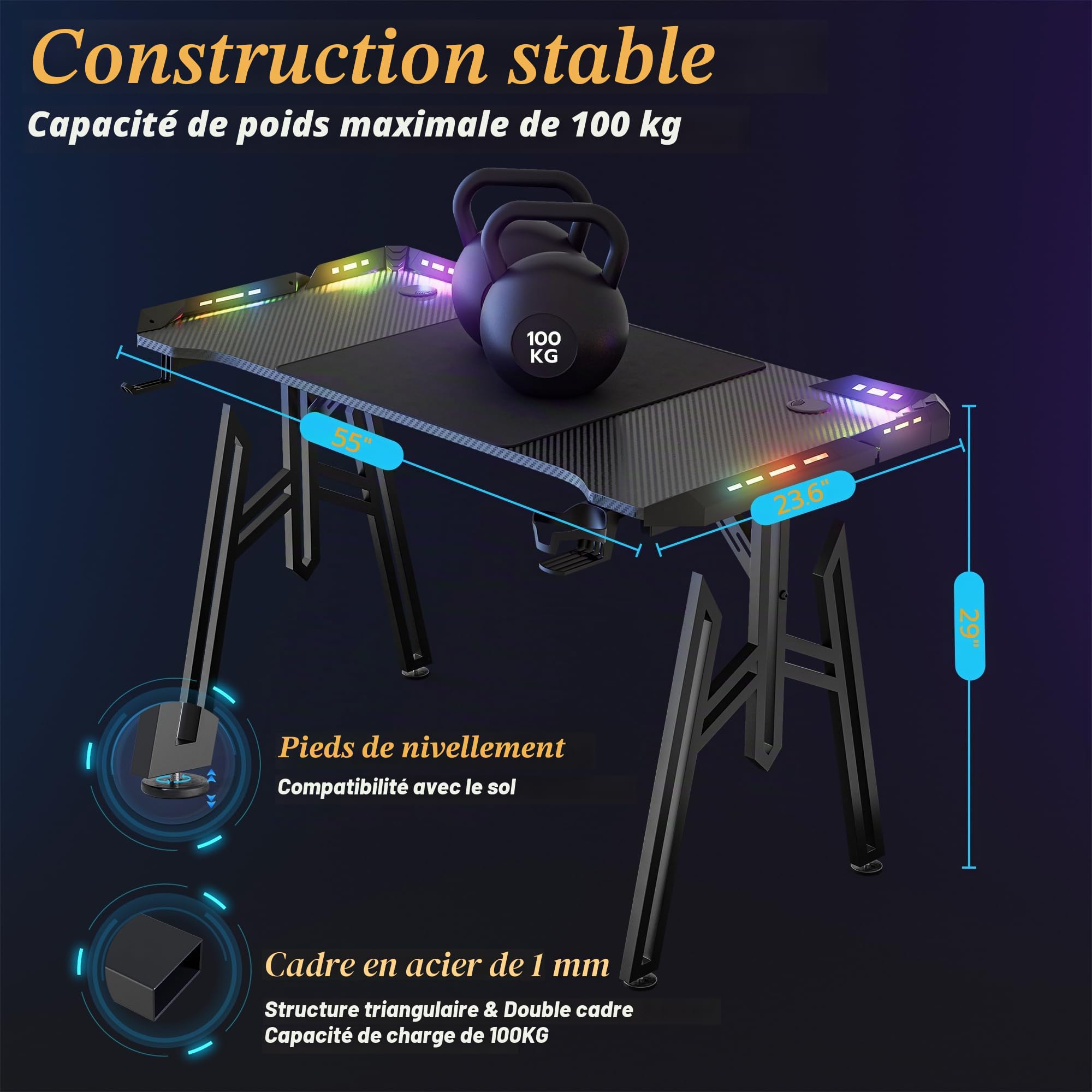 LZQ Bureau Gaming, LED, 140 x 60 cm, Table Gaming avec Porte-gobelet et Crochet pour Casque, Cadre en M, Ergonomique, avec Surface en Fibre de Carbone, pour Chambre à Coucher, étude, Noir