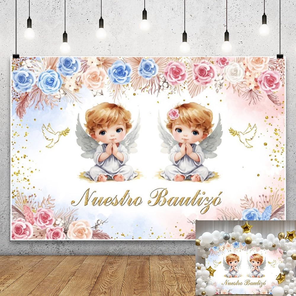 Mi Bautizo Baptism Backdrop for Twin 8x6ft Boho Pink and Blue Flower Nuestro Bautizo Backdrop for Photography Background Christening Baby Shower Party