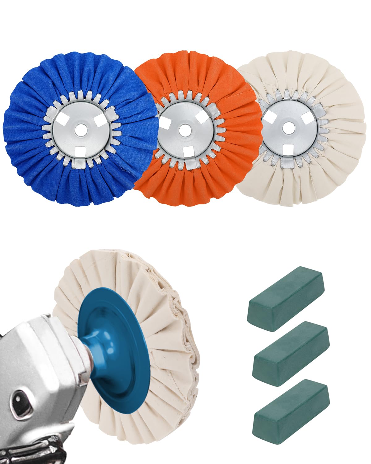KingTool Airway Buffing Wheel Kit - 3PCS 8" Polishing Wheel (White/Orange/Blue, 5/8" Arbor Hole, 16 Ply）, 3PCS Polishing Compound，Aluminum Polishing Kit for Angle Grinder Mirror Finish
