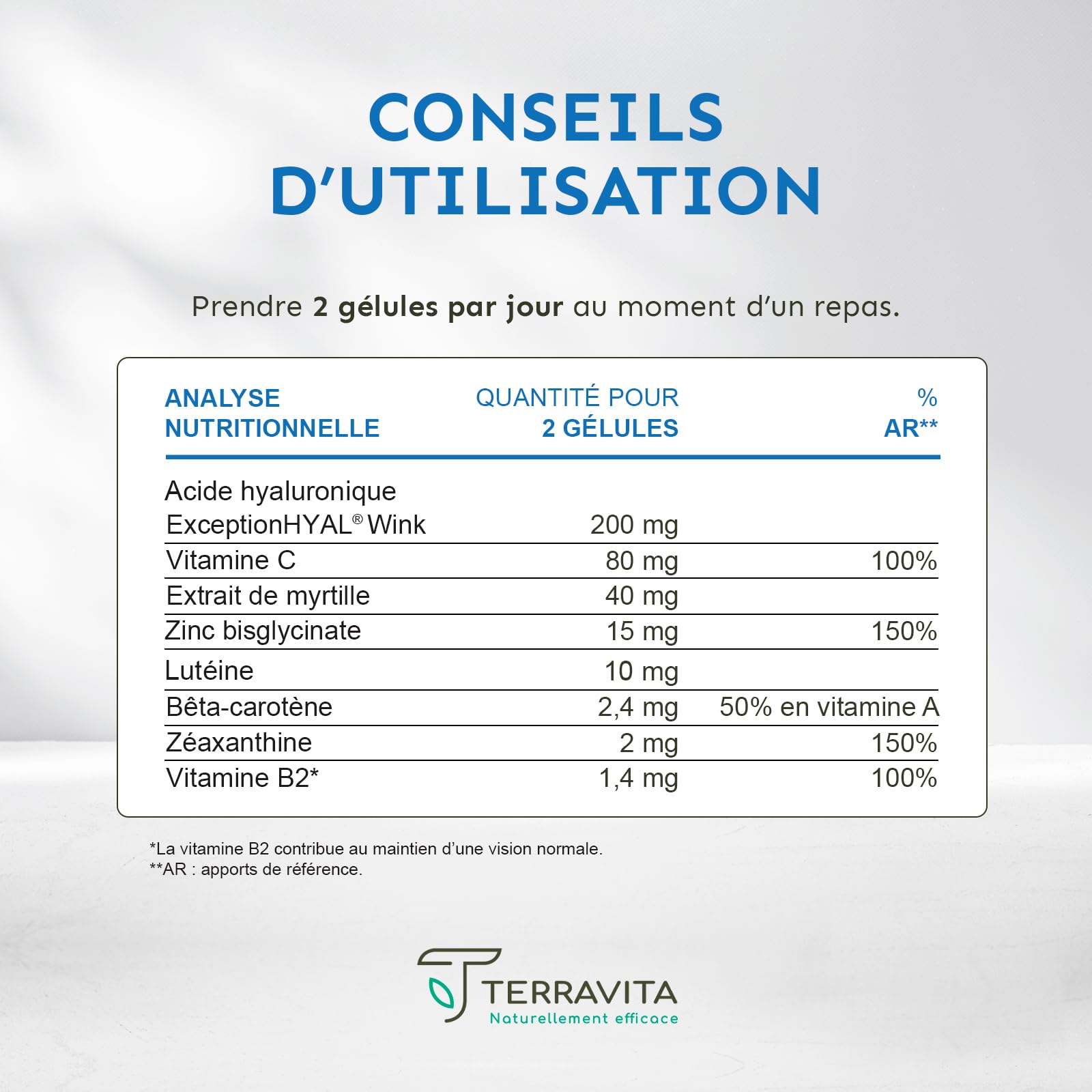 COMPLEXE VISION | Complément Alimentaire Yeux Secs et Fatigués | Acide Hyaluronique Breveté, Lutéine, Zéaxanthine, Myrtille, Vitamines et Zinc Bisglycinate | 60 Gélules | Made in France | Terravita