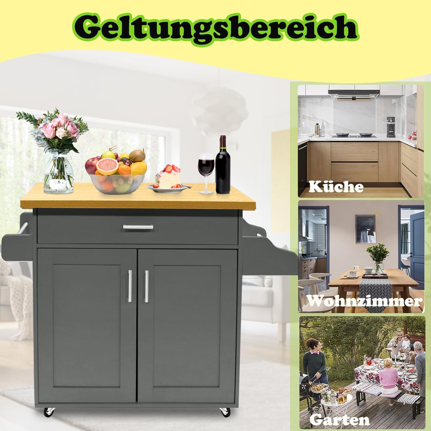 LZQ Küchenwagen Küchenschrank mit Arbeitsplatte Bewegliche Kücheninsel Küchen Wagen Rollbar, Rollwagen küche, servierwagen 115x36x90cm Grau
