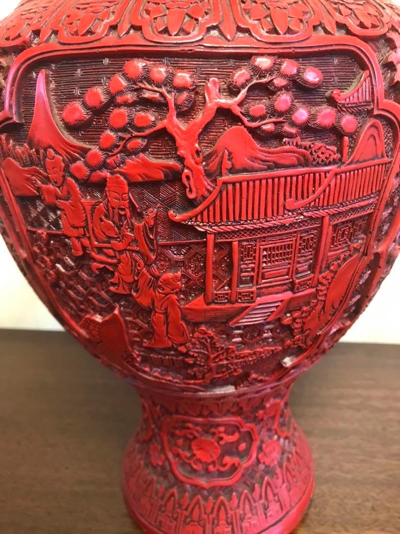 堆朱　大型(高さ48cm) 【細工微細】　傘立て　花瓶　壺　漆芸 堆朱 大型(高さ48cm) 細工微細 傘立て 花瓶 壺 漆芸