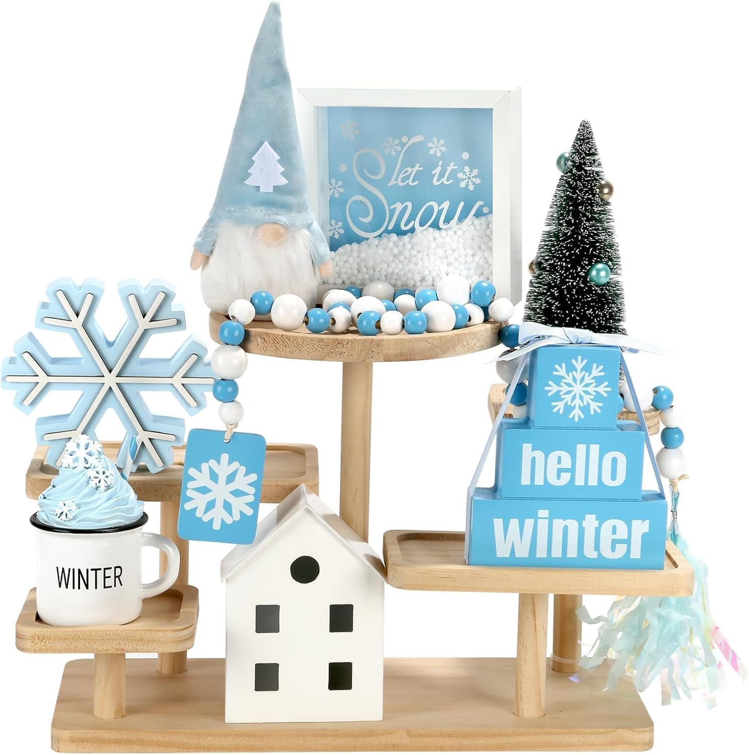 Winter Decoration for Home 8 PCS Tiered Tray Decor Set, Cute Christmas Blue Winter Decor for Shelf Mantel Office Indoor Table Centerpiece Snowflake Signs New Year Holiday Decorations Set