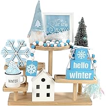 Winter Decoration for Home 8 PCS Tiered Tray Decor Set, Cute Christmas Blue Winter Decor for Shelf Mantel Office Indoor Table Centerpiece Snowflake Signs New Year Holiday Decorations Set