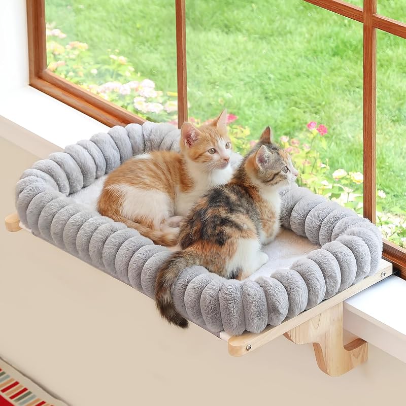 Cama de Janela para Gatos Zakkart SnugCloud em Madeira Natural e Cinza, Tamanho Grande