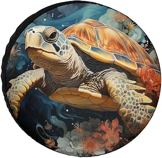 Oil Painting of A Sea Turtle with Coral and Sea Shells Camper Spare Tire Cover Sea Turtle Waterproof Sun Protection for Fit for SUV Truck Travel Trailer 16inch
