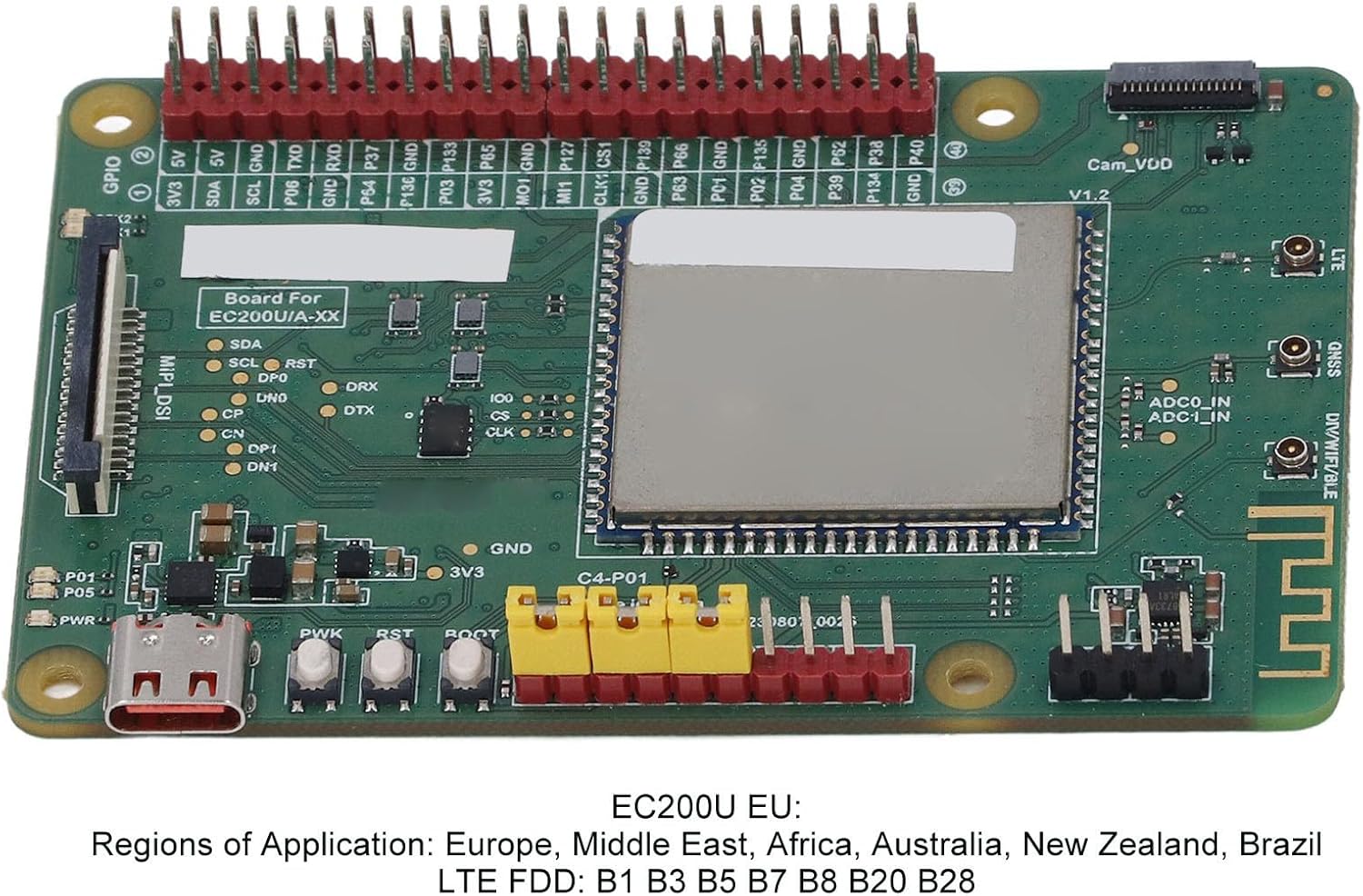 Close-up view of the FOSA EC200U C4 P01 Development Board, detailing the labels for GPIO pins, power, and other interfaces.