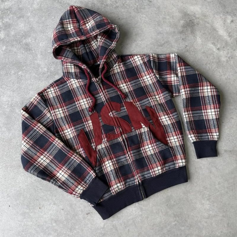 Men's Zip Up Hoodies plaid letter Graphic Jacket long Sleeve Y2k Hoodies Plaid Flannel Hooded sweatshirt Streetwear2