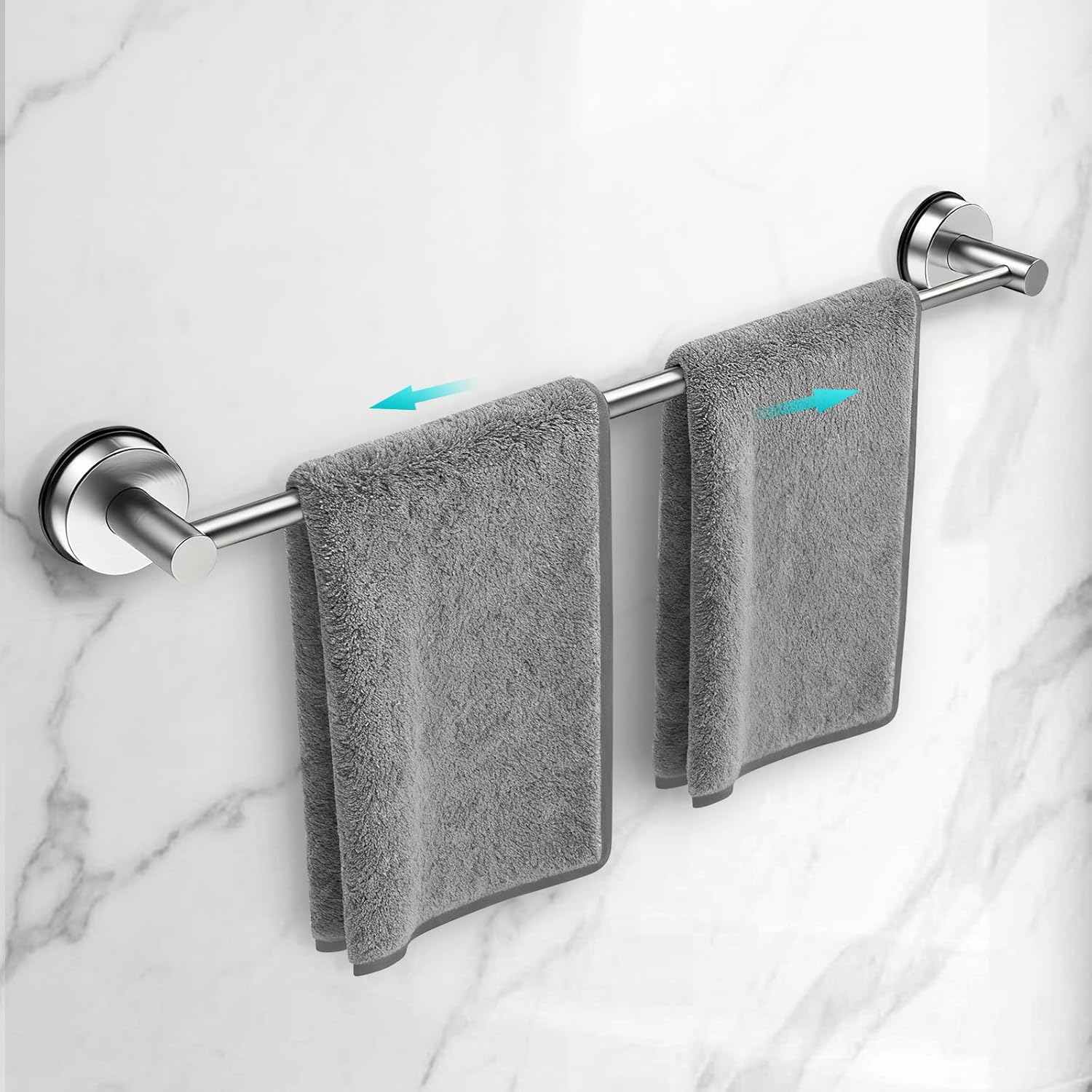 Adjustable Suction Cup Towel Bar for Bathroom Wall,14.6Inch~24 Inch Towel Racks for Bathroom,Stainless Steel Bath Towel Holder for Shower(Brushed Silver)