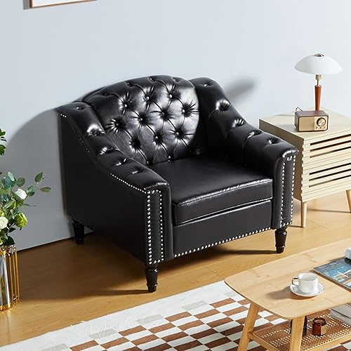Vista 3 de LEVNARY Chesterfield - Silla tapizada de cuero, sofá tapizado con respaldo alto, sillón moderno de mediados de siglo con patas de madera maciza