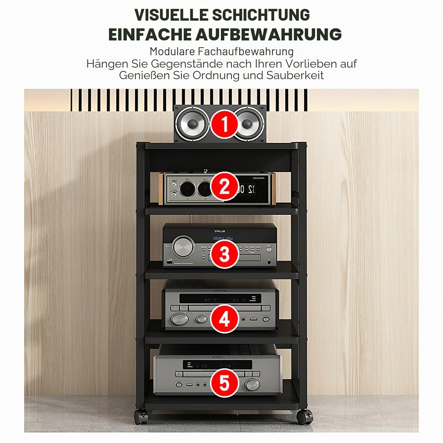 Multifunktionales Ablageregal mit Universalrädern Audio-Audio-Speicherregal TV Rack HiFi Regal Audio Schrank Beistelltisch Holz für Wohnzimmer für Wohnzimmer Spielzimmer Schlafzimmer.(Original wood,50
