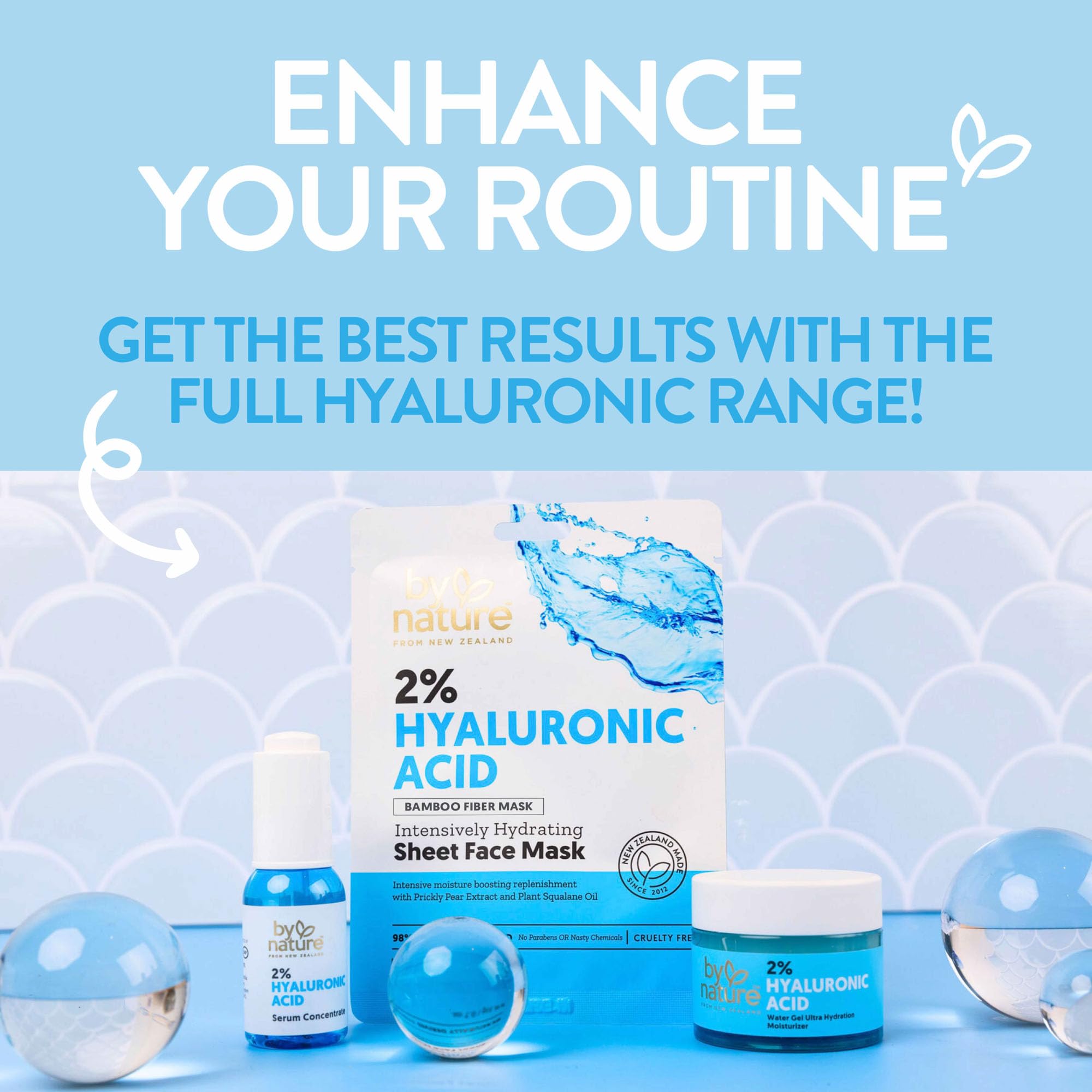 By Nature 2% Hyaluronic Acid Sheet Face Mask for Dry, Dehydrated & Sensitive Skin – Hydration Boost with Prickly Pear & Squalane – Made in New Zealand – Pack of 12