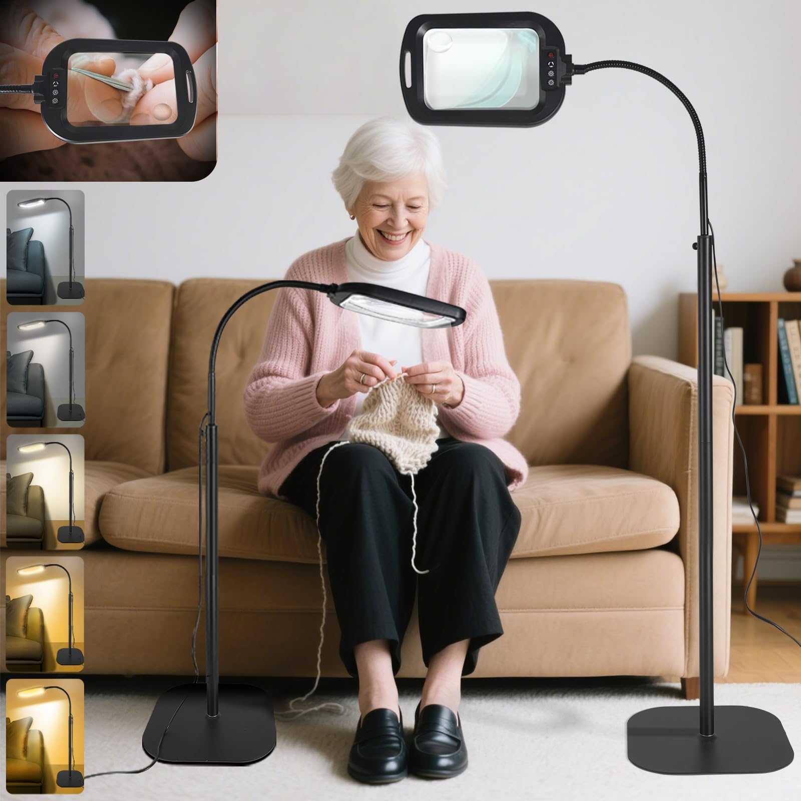 GABORISH 10X Standlupe mit Licht und Ständer, 3 in 1 Lupenlampe mit 60 LED, Rechteckige Flexible Schwanenhals Lupenleuchte mit Klemme, 5 Farbmodi Dimmbar Händefrei Leselupe mit Licht für Senioren Groß