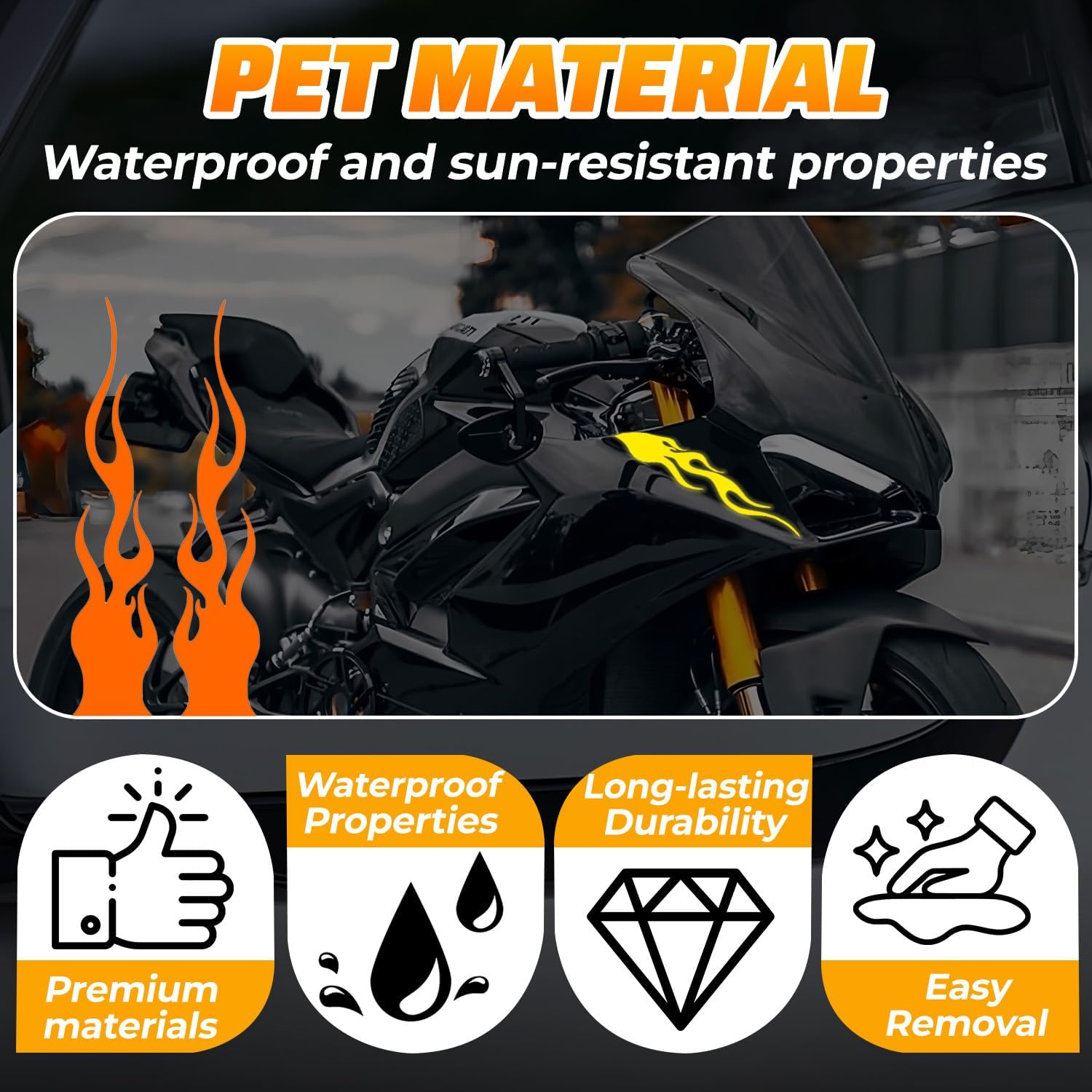 4PCS Flame Reflective Sticker,Car Flame Decals,Waterproof Self Adhesive Racing Sports Stripe Decal,DIY Car Stickers for Motorcycle Racing Mirror Motorcycle Helmet (Orange)