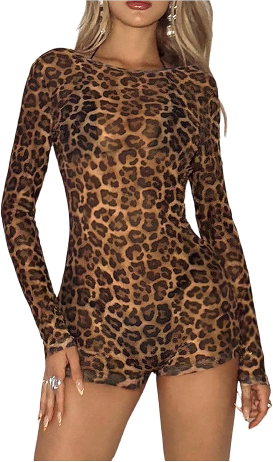WDIRARA Women's Leopard Backless Romper Unitard Long Sleeve Bodycon Shorts Jumpsuit