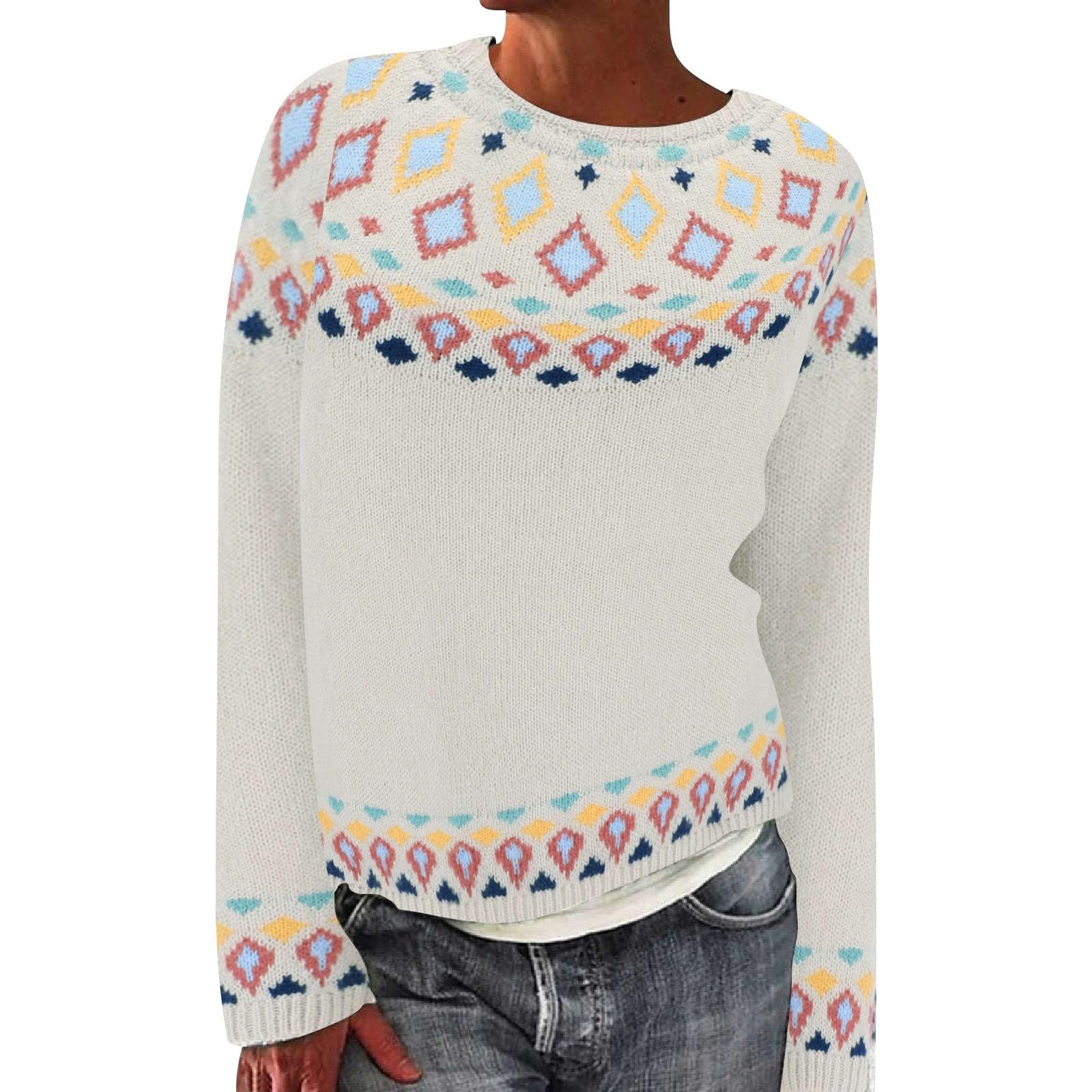 Cosy Jumpers For Women UK Fair Isle Retro Pattern Long Sleeve Crew Neck Soft Warm Winter Loose Fit Knitwear Nordic Sweater Casual Outfit Tops Knitted Pullover Christmas Ladies Icelandic Jumper - View #3