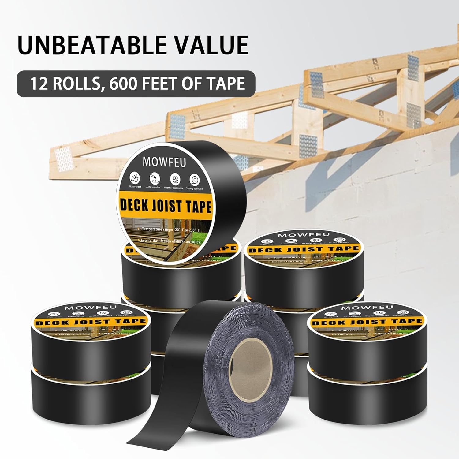 Deck Joist Tape 1-5/8''×50', 12 Pack Weather-Resistant Joist Tape for Decking, Waterproof Seal Antiseptic Butyl Joists Tape,Self-Adhesive Flashing Joists Tape for Wood Decks Beams Roof