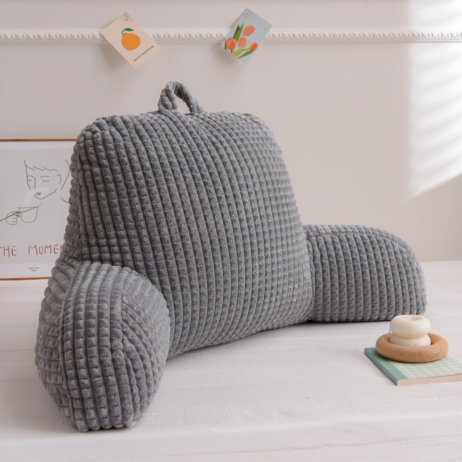 Holawakaka Adults Reading Pillow with Arms, Backrest Reading & Rest Pillows for Sitting Up in Bed, Bed Rest, Lounging, Working on Laptop,Arms Back Support Cushion for Men Women Teens, Grey