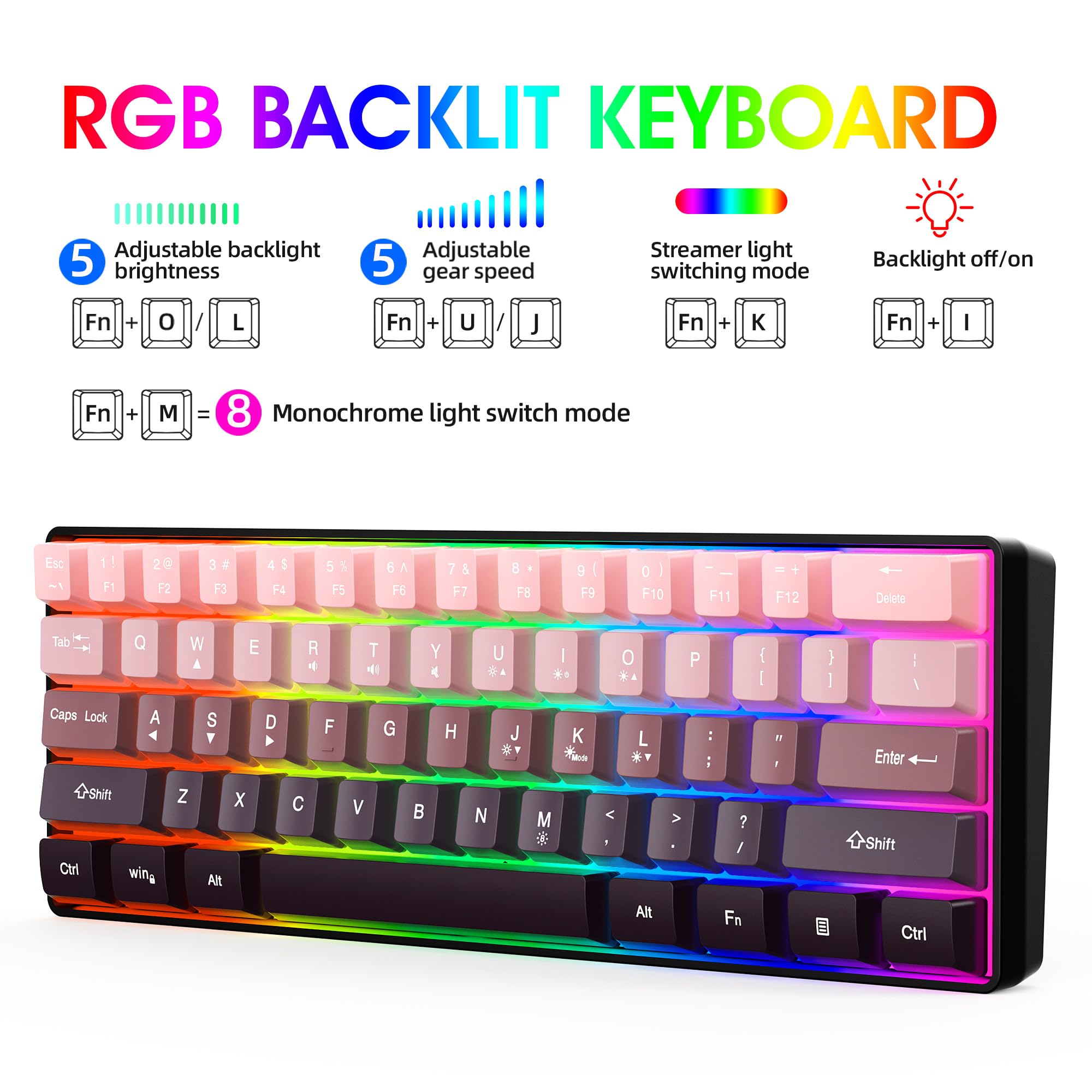 Snpurdiri 60% Wired Gaming Keyboard, Pink-Black view 2