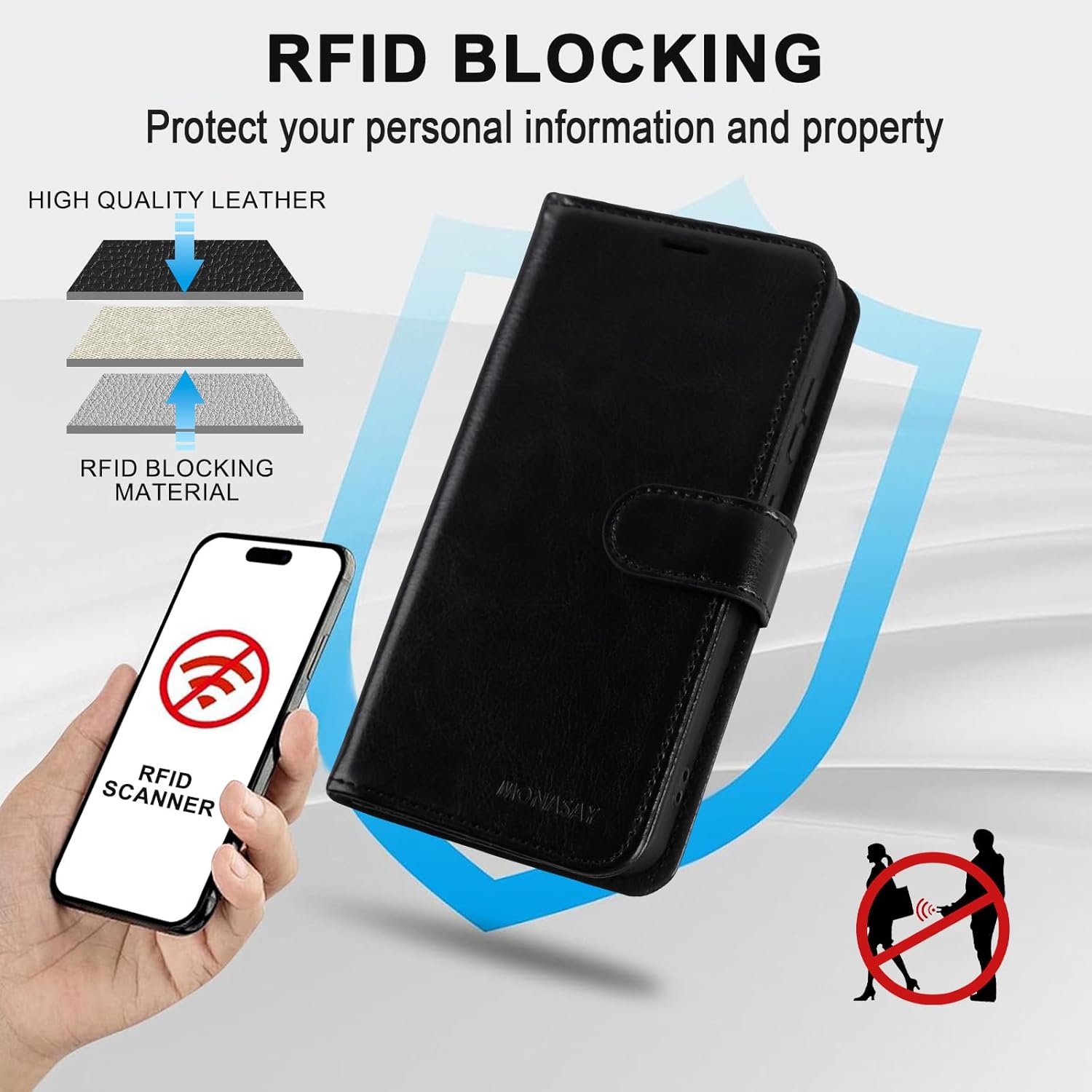 MONASAY Wallet Case Fit for Samsung Galaxy S24 5G, [Lens & Glass Screen Protector Included] [RFID Blocking] Flip Folio Leather Cell Phone Cover with Credit Card Holder, 6.2 inch, Black