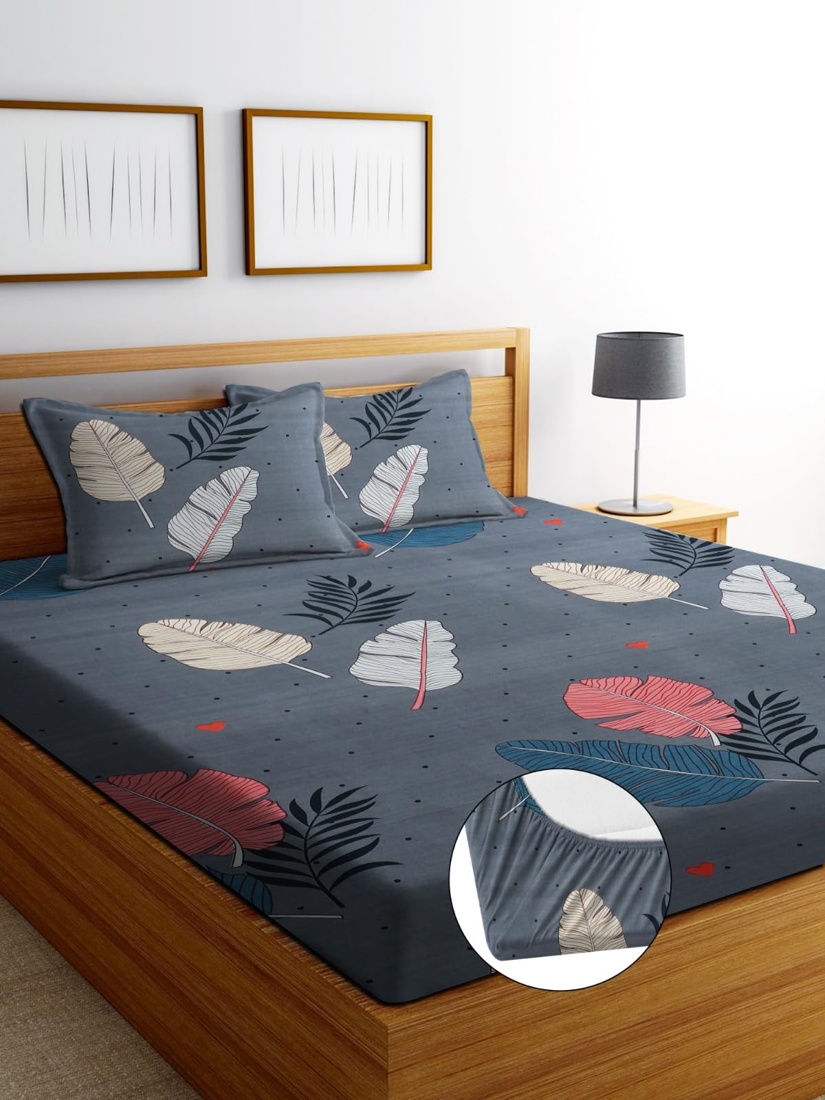 DECORUM Glace Cotton Fitted Bedsheet with 2 Pillow Cover (Grey)