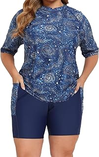 Women's Plus Built in Bra Rash Guard Two Piece Swim Shirt and Pockets Boyleg Shorts