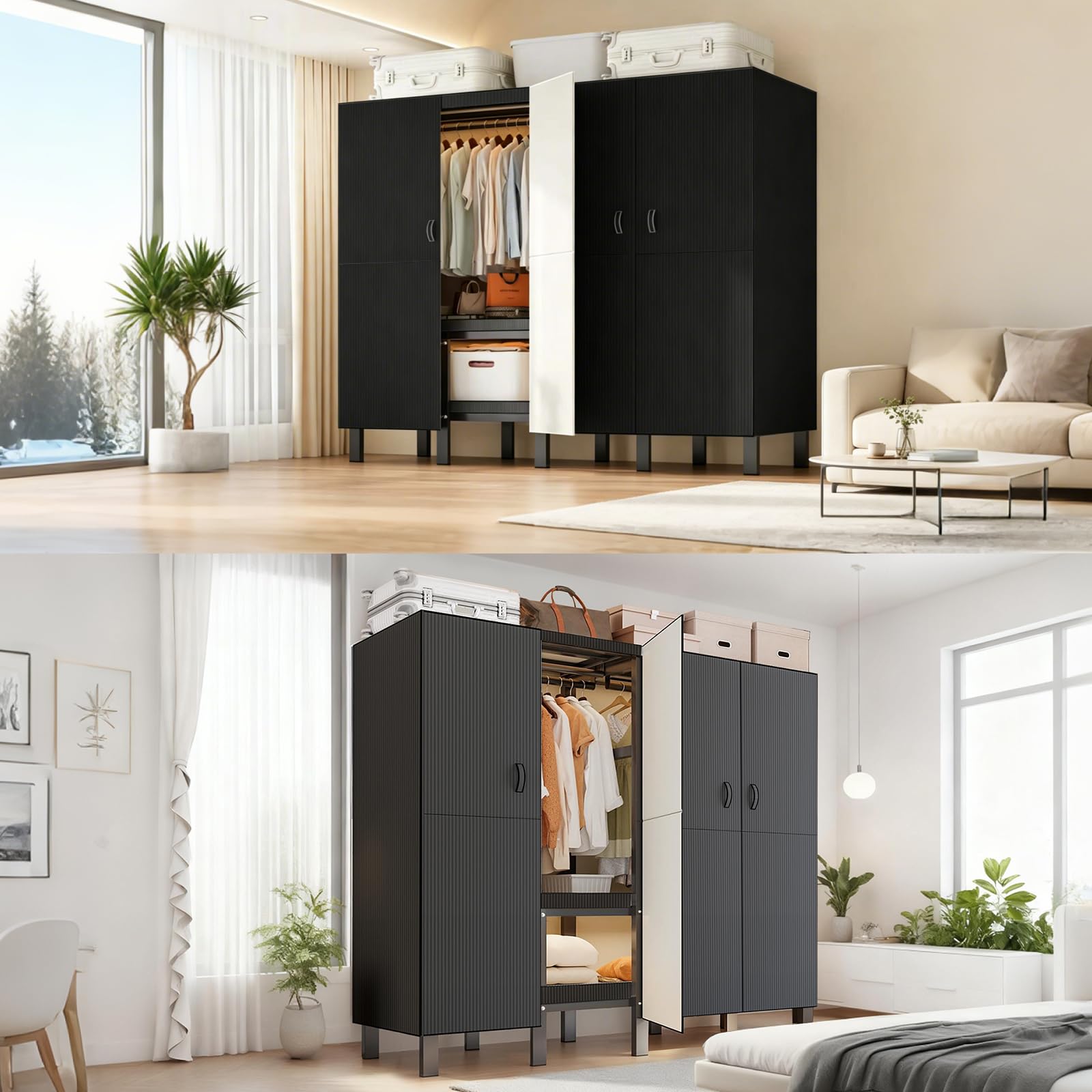 125cm Schwarz Faltbarer Kleiderschrank mit magnetischer Tür, 500 kg